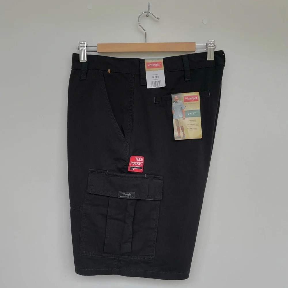 Wrangle Cargo Shorts 10” Tech Pocket Men 34 Relaxed Fit  Reg Black 100% …